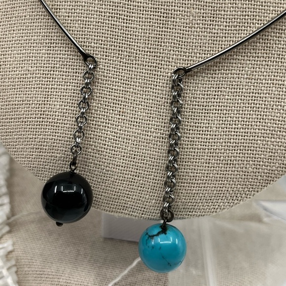 Early 2000s Stainless Steel Y-Neck Wire Collar Necklace with Turquoise - Picture 8 of 12